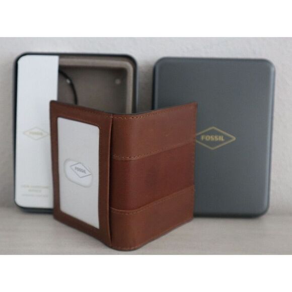 Fossil Medium Brown Everett Bifold Leather Wallet w/Metal Case RFID Protection - Picture 8 of 8